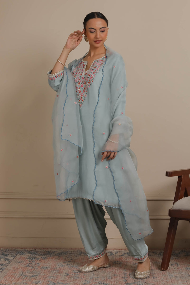 Blue Neck Embroidered Kurta & Salwar set