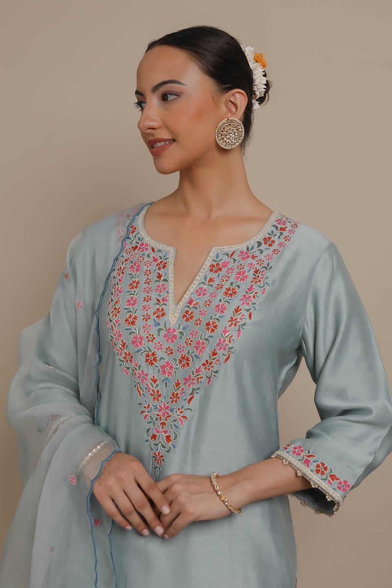Blue Neck Embroidered Kurta & Salwar set