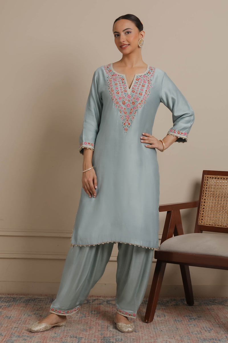 Blue Neck Embroidered Kurta & Salwar set