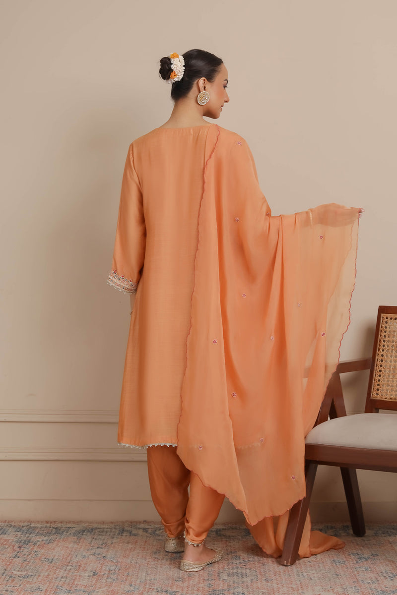 Orange Embroidered A-Line Kurta & Dhoti Set