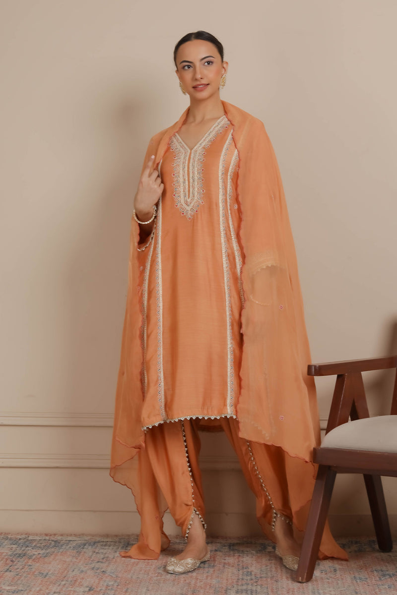 Orange Embroidered A-Line Kurta & Dhoti Set