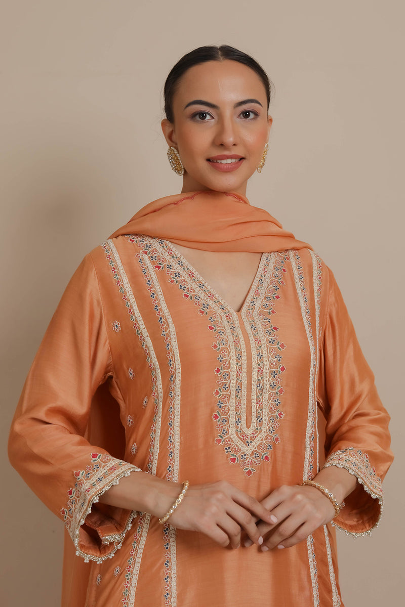 Orange Embroidered A-Line Kurta & Dhoti Set