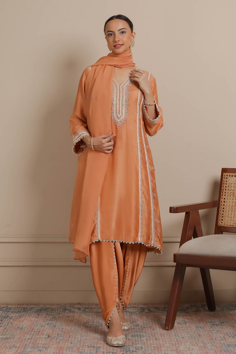 Orange Embroidered A-Line Kurta & Dhoti Set