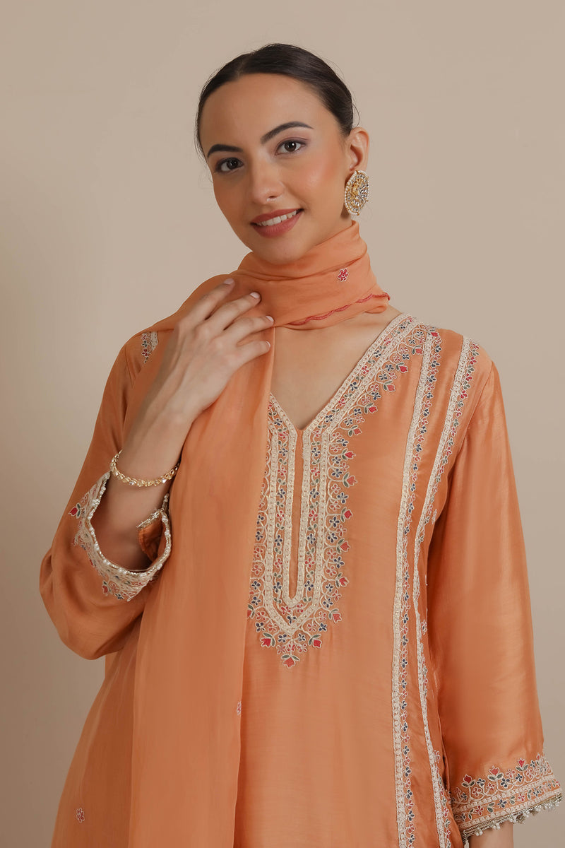 Orange Embroidered A-Line Kurta & Dhoti Set