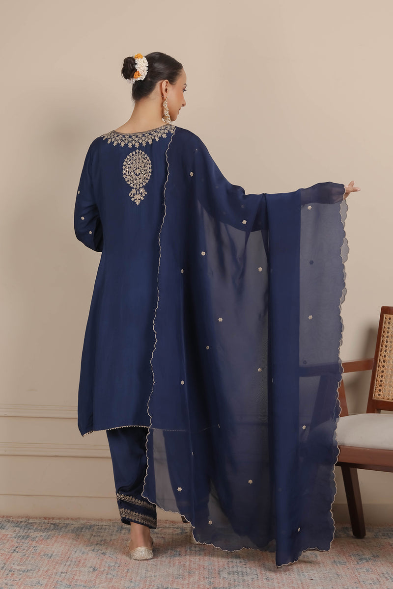 Midnight Blue Dori Embroidered A-Line Kurta & Salwar Set