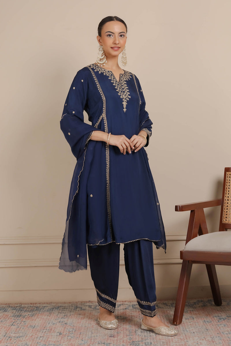 Midnight Blue Dori Embroidered A-Line Kurta & Salwar Set