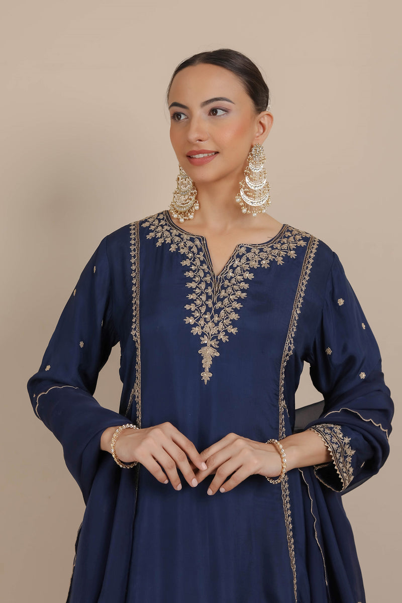 Midnight Blue Dori Embroidered A-Line Kurta & Salwar Set