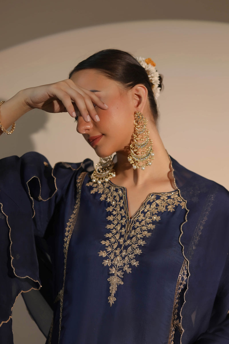 Midnight Blue Dori Embroidered A-Line Kurta & Salwar Set