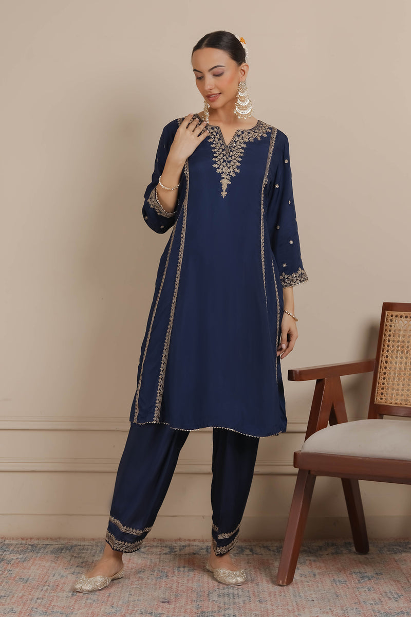 Midnight Blue Dori Embroidered A-Line Kurta & Salwar Set