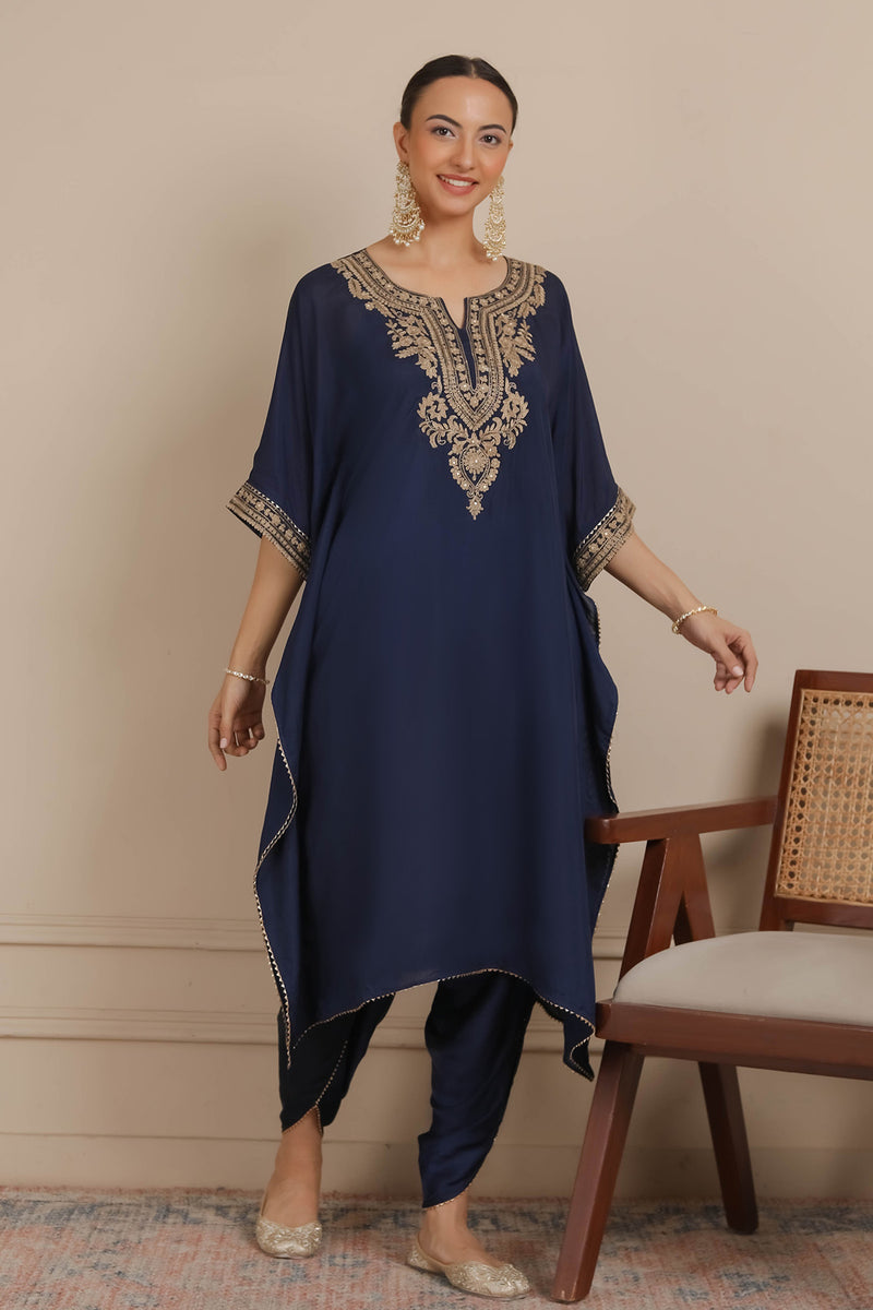 Midnight Blue Neck Embroidered Kaftan & Dhoti Set