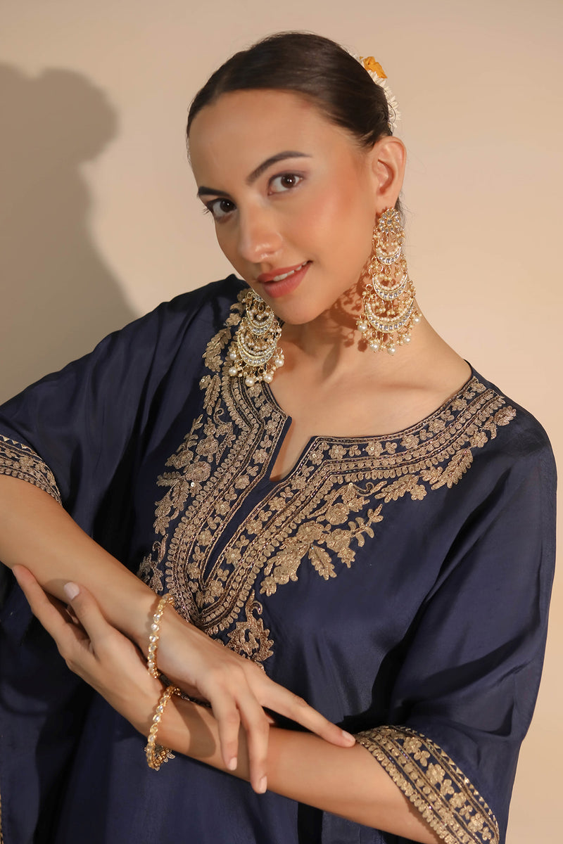 Midnight Blue Neck Embroidered Kaftan & Dhoti Set