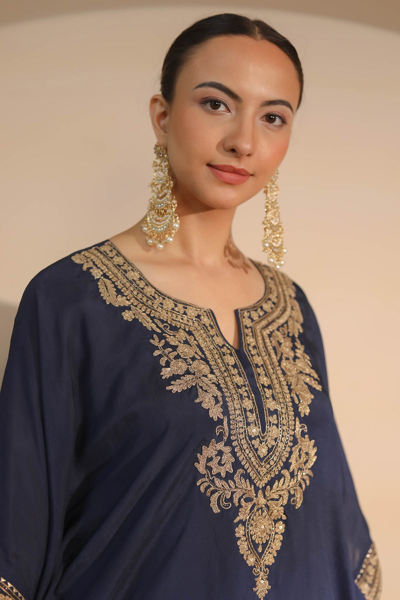 Midnight Blue Neck Embroidered Kaftan & Dhoti Set