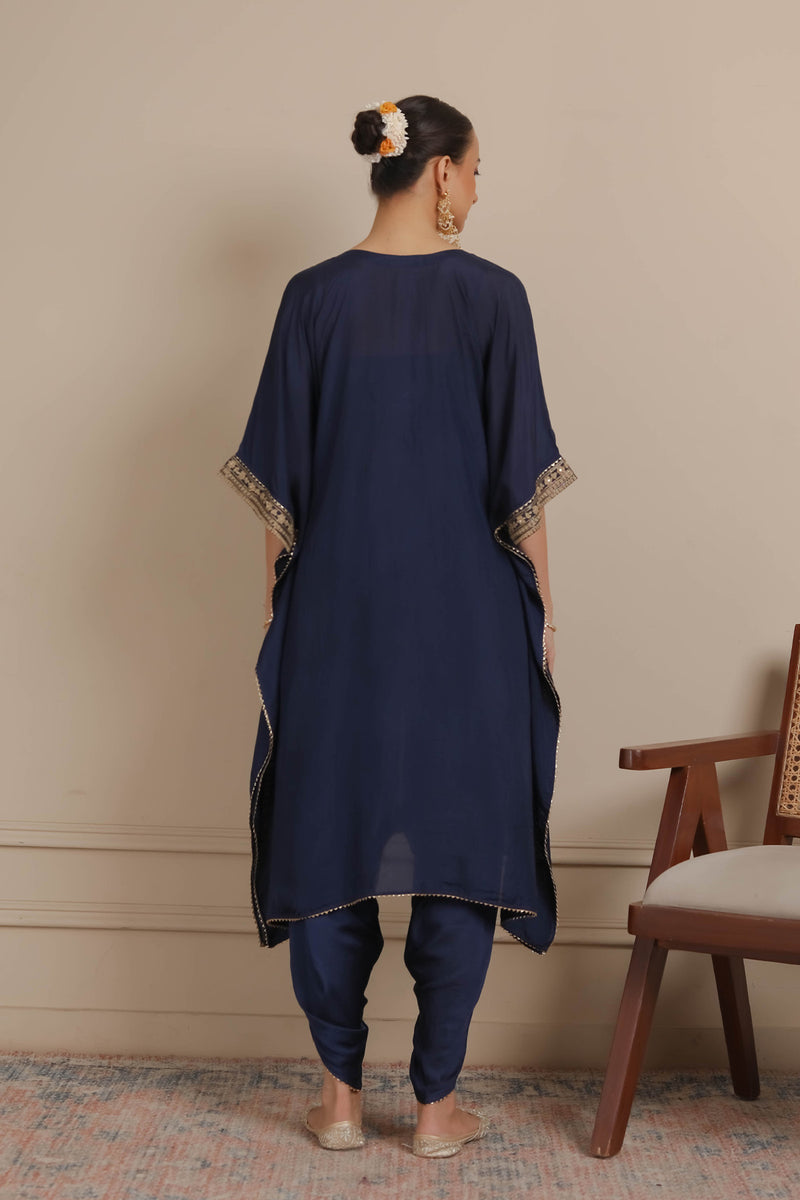 Midnight Blue Neck Embroidered Kaftan & Dhoti Set