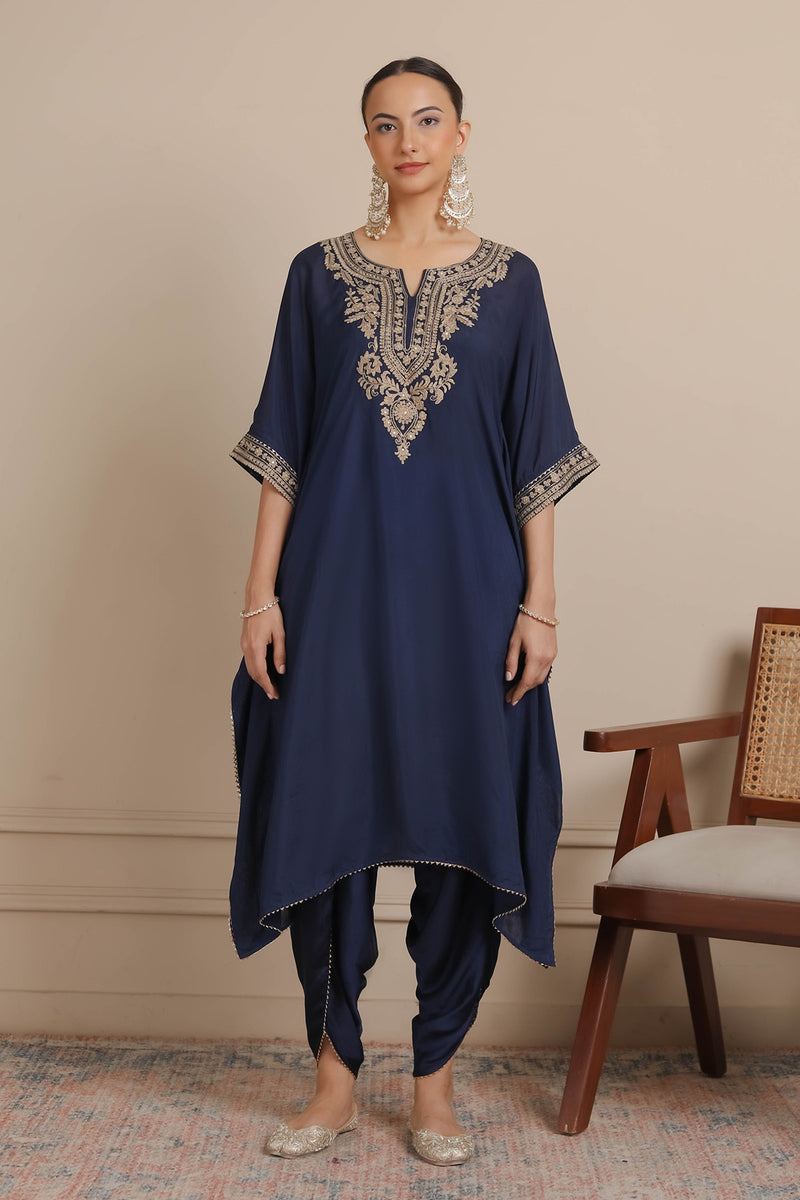 Midnight Blue Neck Embroidered Kaftan & Dhoti Set