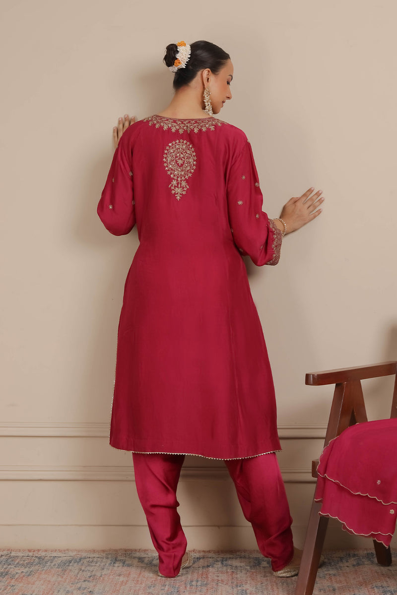 Magenta Pink Dori Embroidered A-Line Kurta & Salwar Set