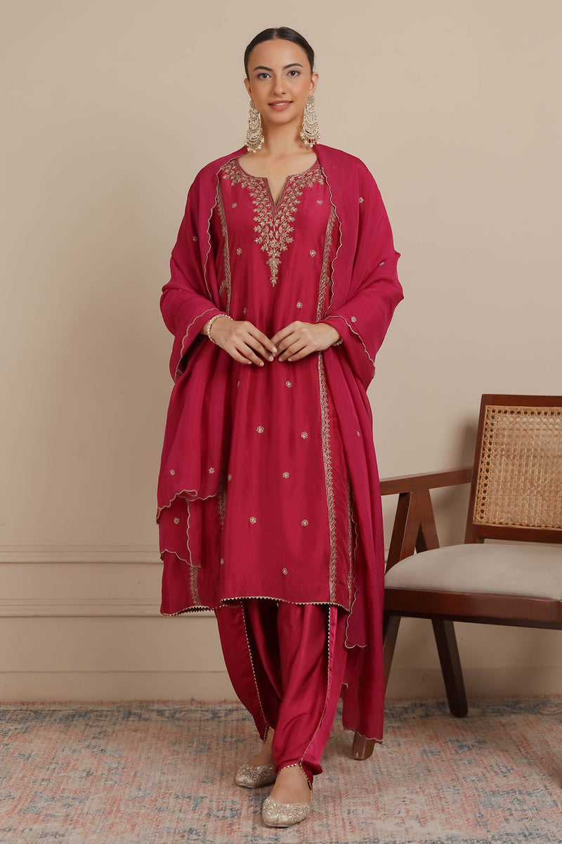 Magenta Pink Dori Embroidered A-Line Kurta & Salwar Set