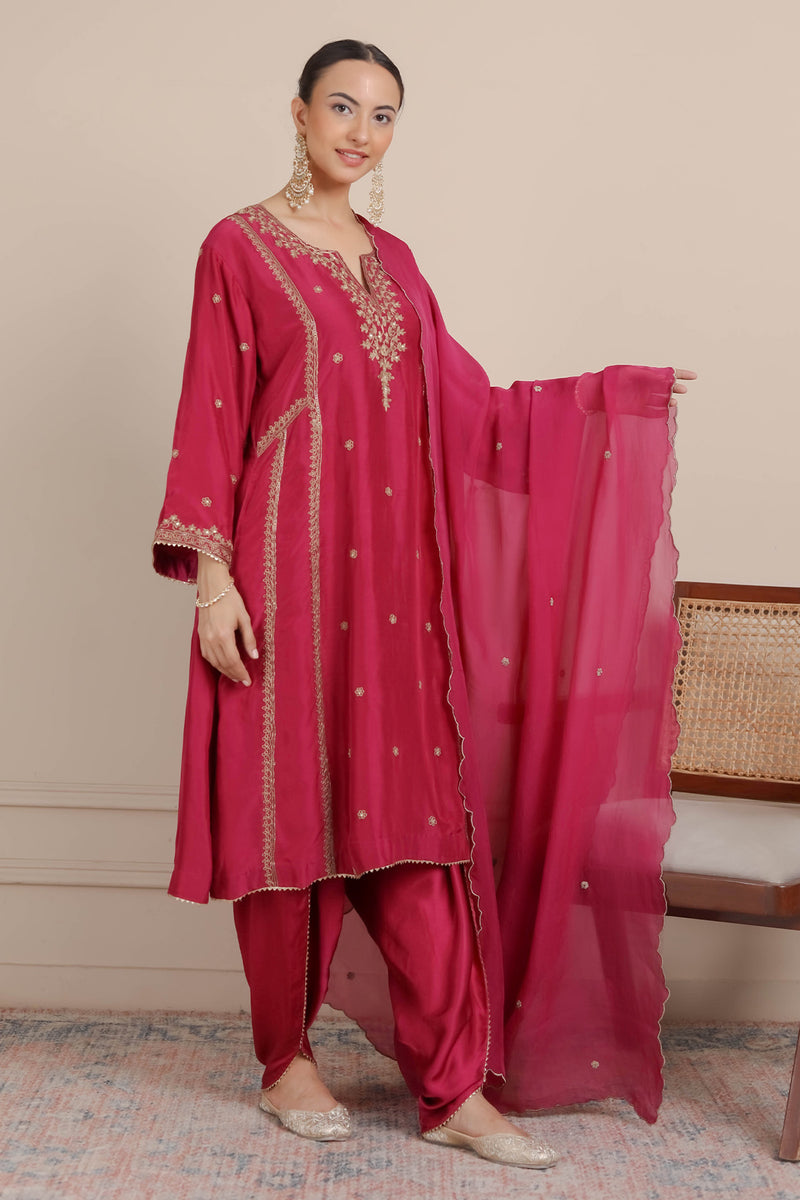 Magenta Pink Dori Embroidered A-Line Kurta & Salwar Set