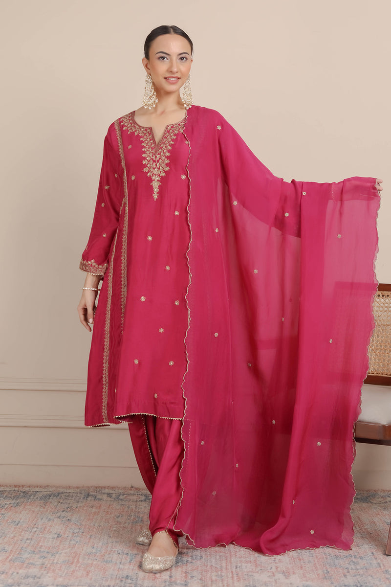 Magenta Pink Dori Embroidered A-Line Kurta & Salwar Set