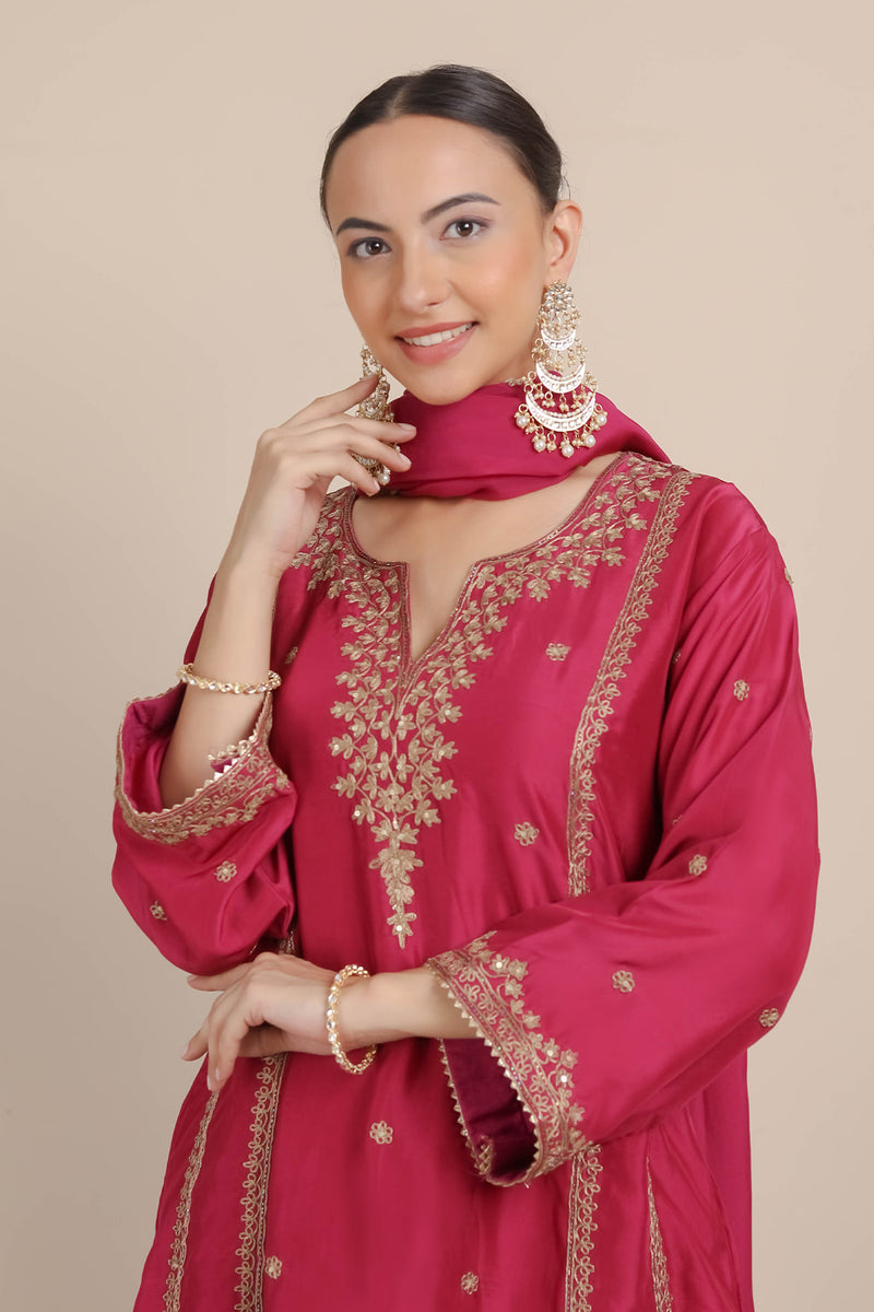 Magenta Pink Dori Embroidered A-Line Kurta & Salwar Set