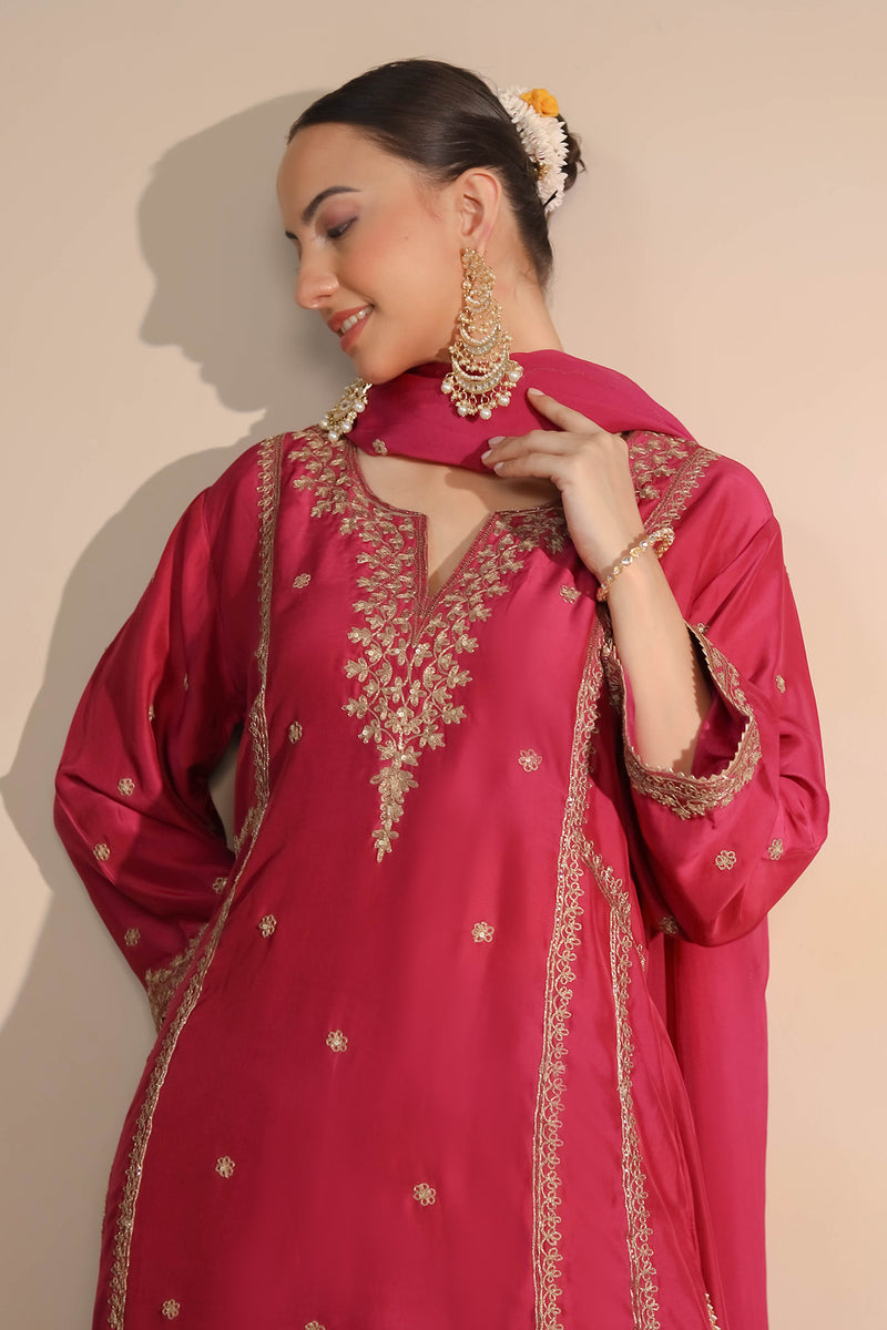 Magenta Pink Dori Embroidered A-Line Kurta & Salwar Set