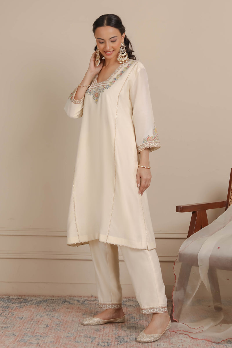 Ivory Glass Neckline A-Line Kurta & Pant Set