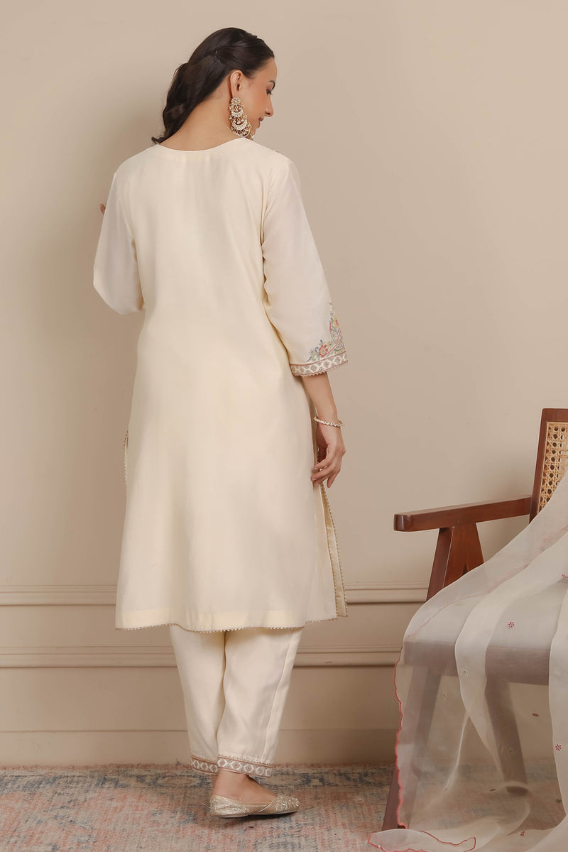 Ivory Glass Neckline A-Line Kurta & Pant Set