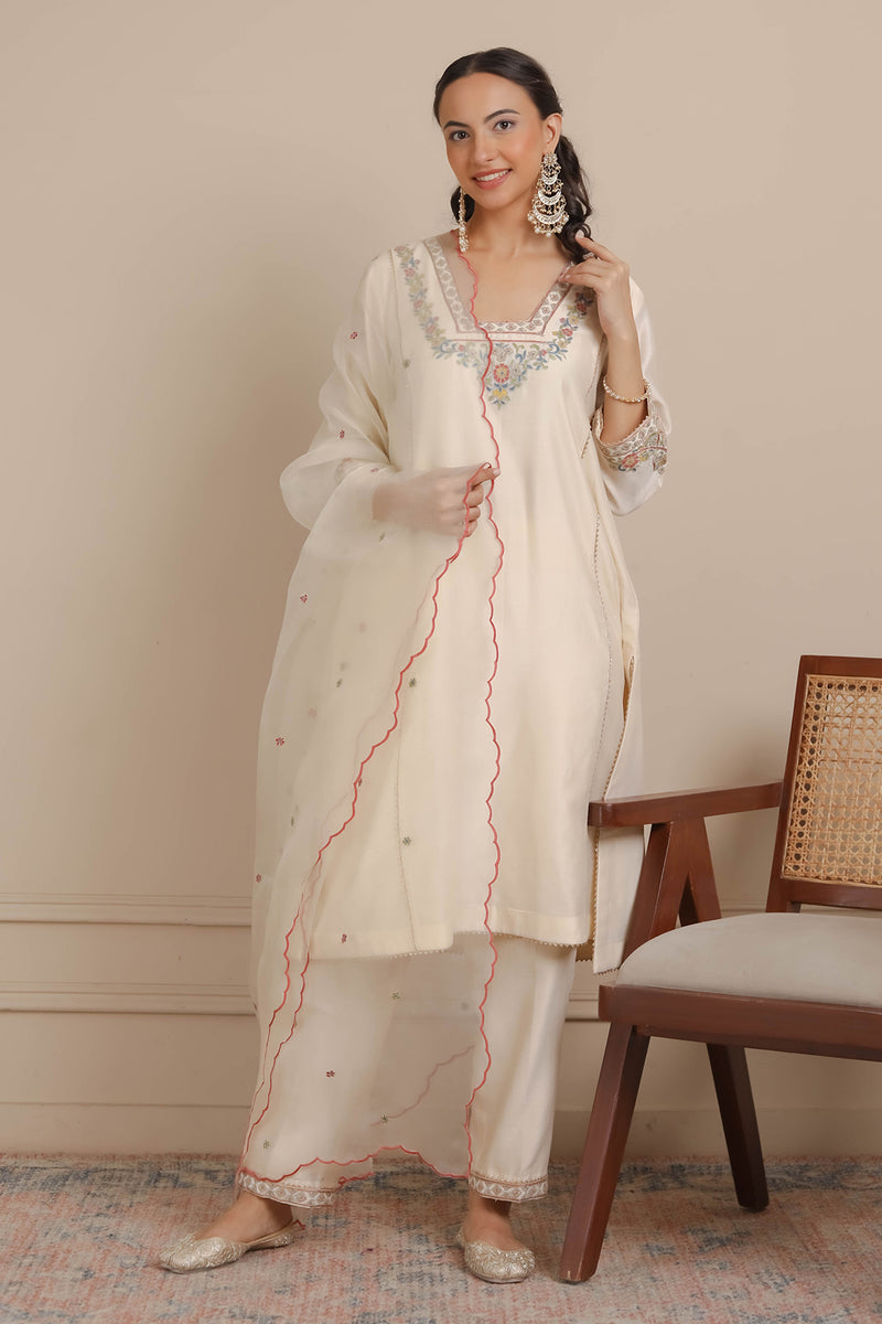 Ivory Glass Neckline A-Line Kurta & Pant Set