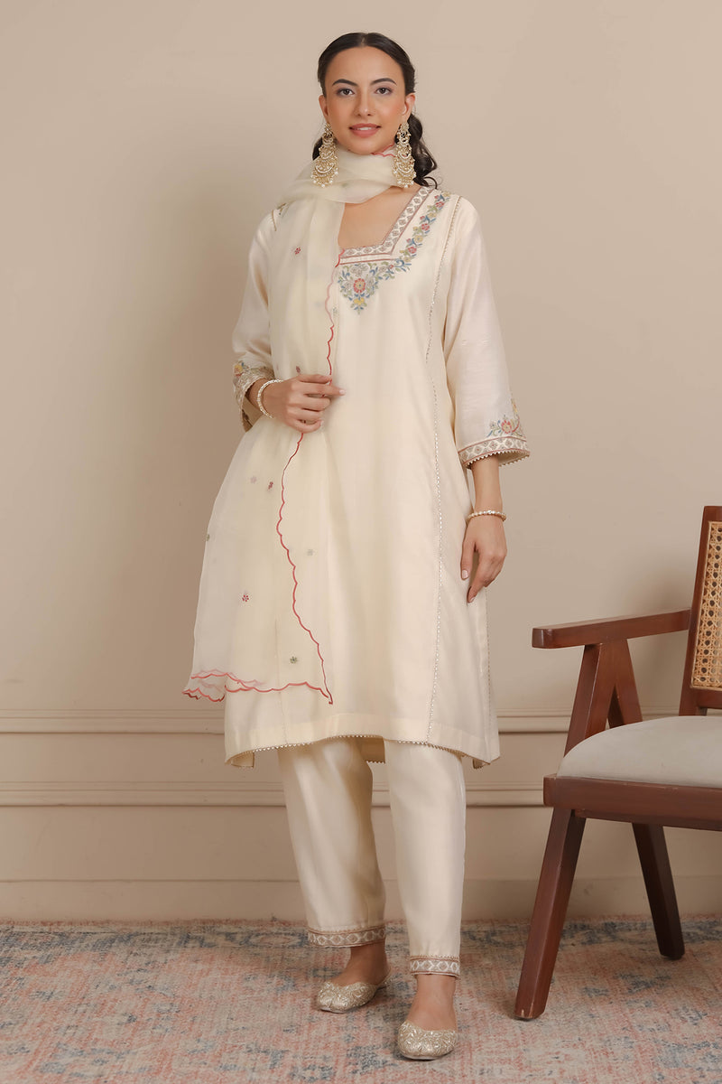 Ivory Glass Neckline A-Line Kurta & Pant Set