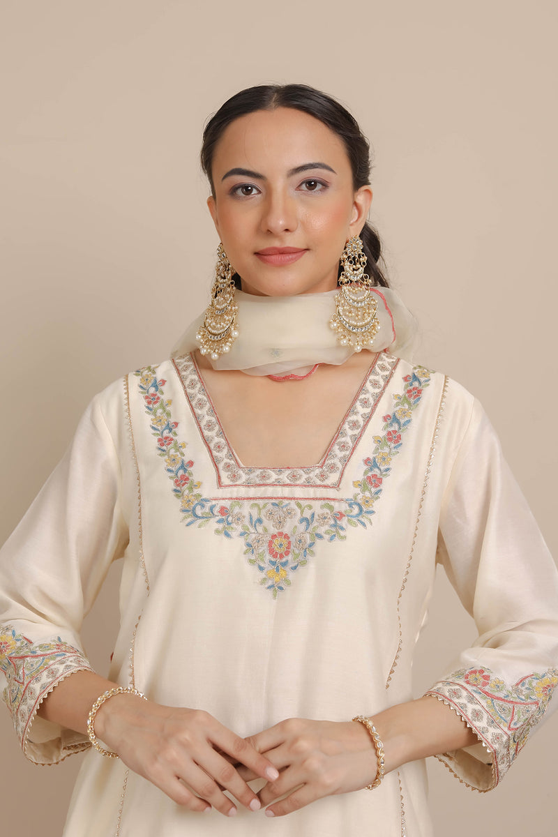Ivory Glass Neckline A-Line Kurta & Pant Set