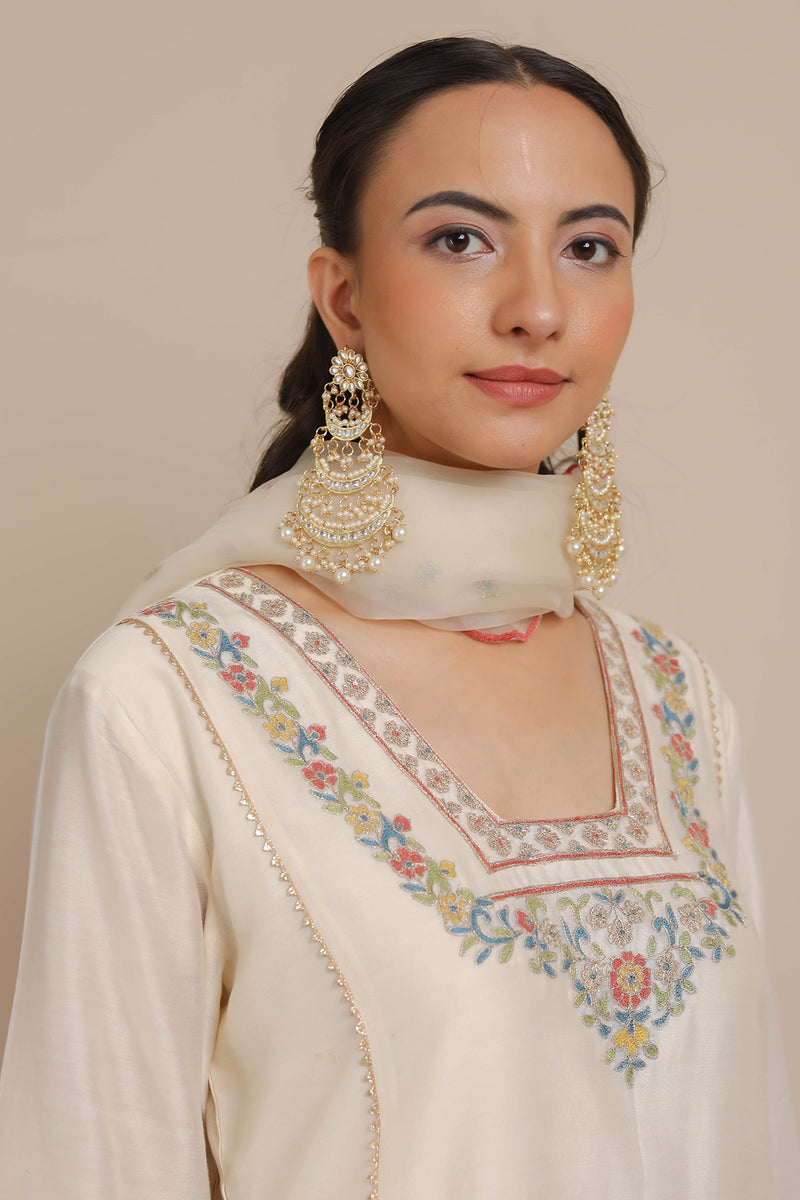Ivory Glass Neckline A-Line Kurta & Pant Set