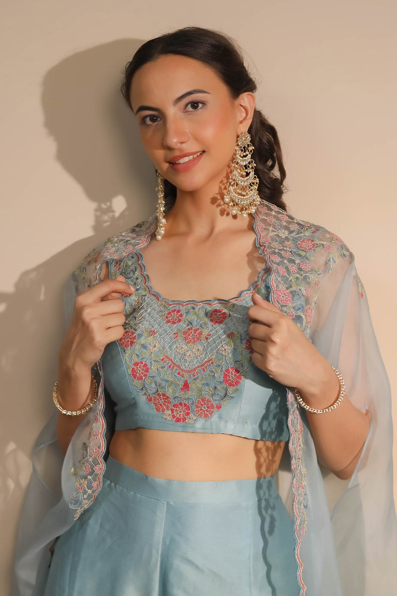 Blue Blouse, Flaired Pants & Cape Set