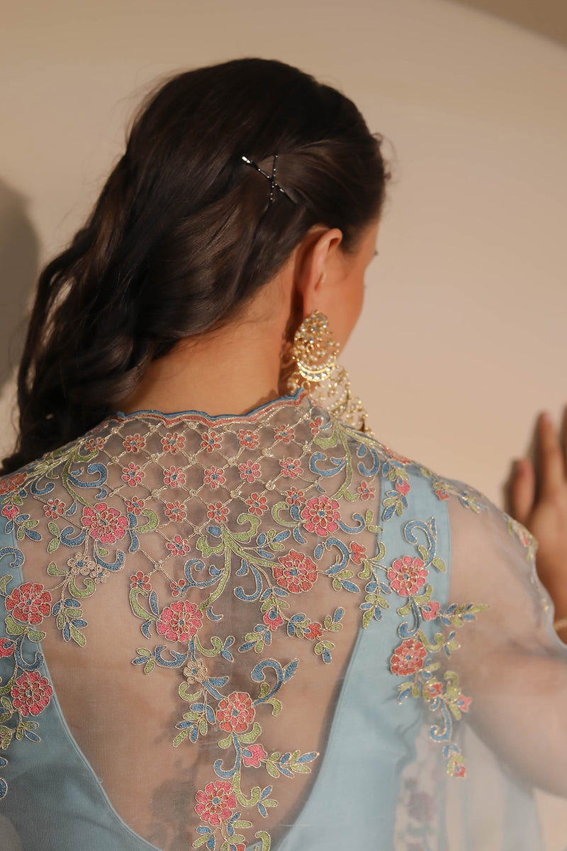 Blue Blouse, Flaired Pants & Cape Set