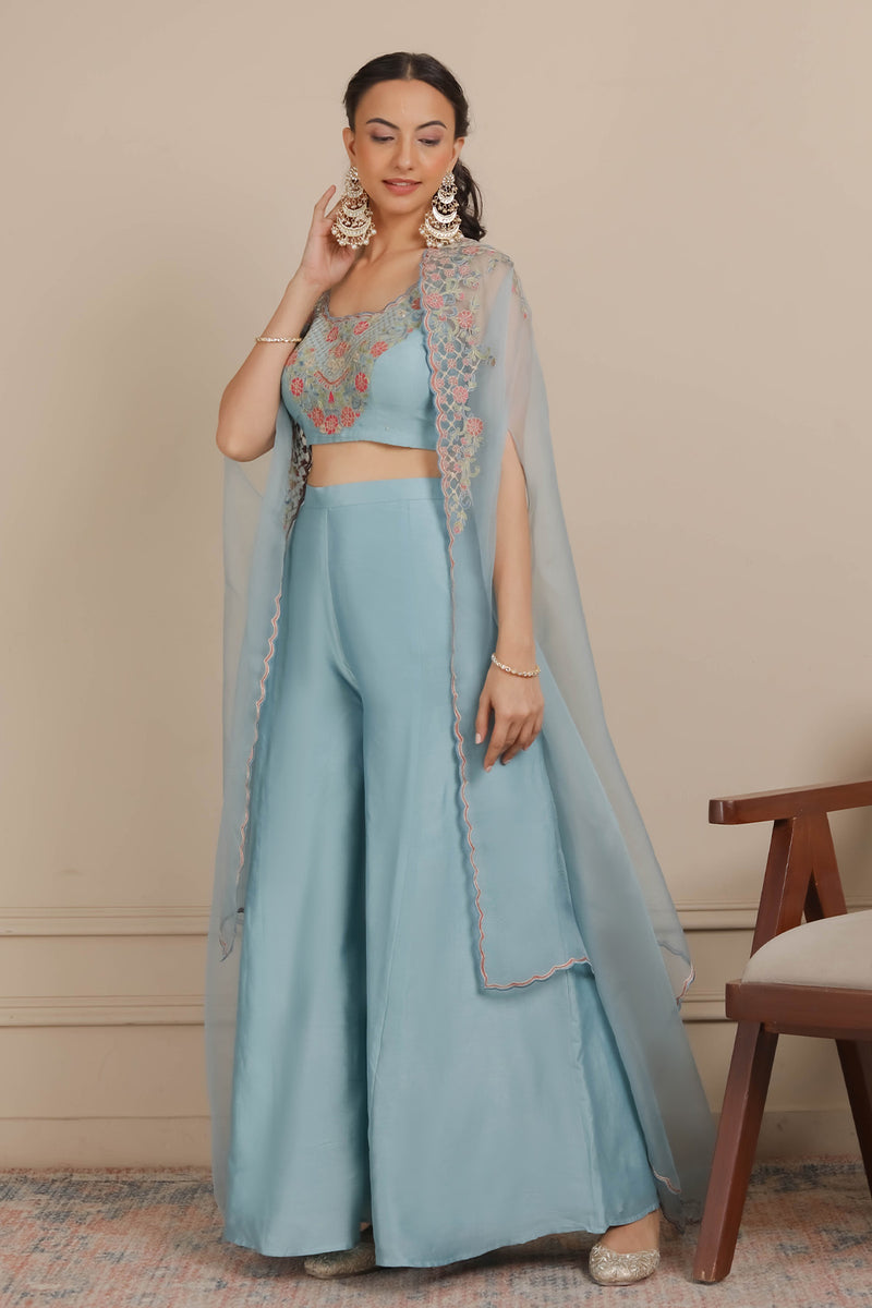 Blue Blouse, Flaired Pants & Cape Set
