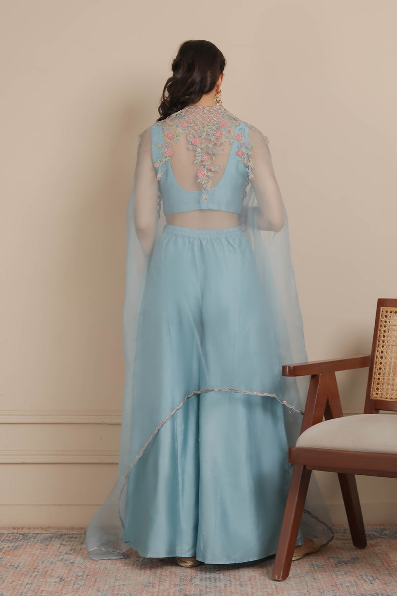 Blue Blouse, Flaired Pants & Cape Set