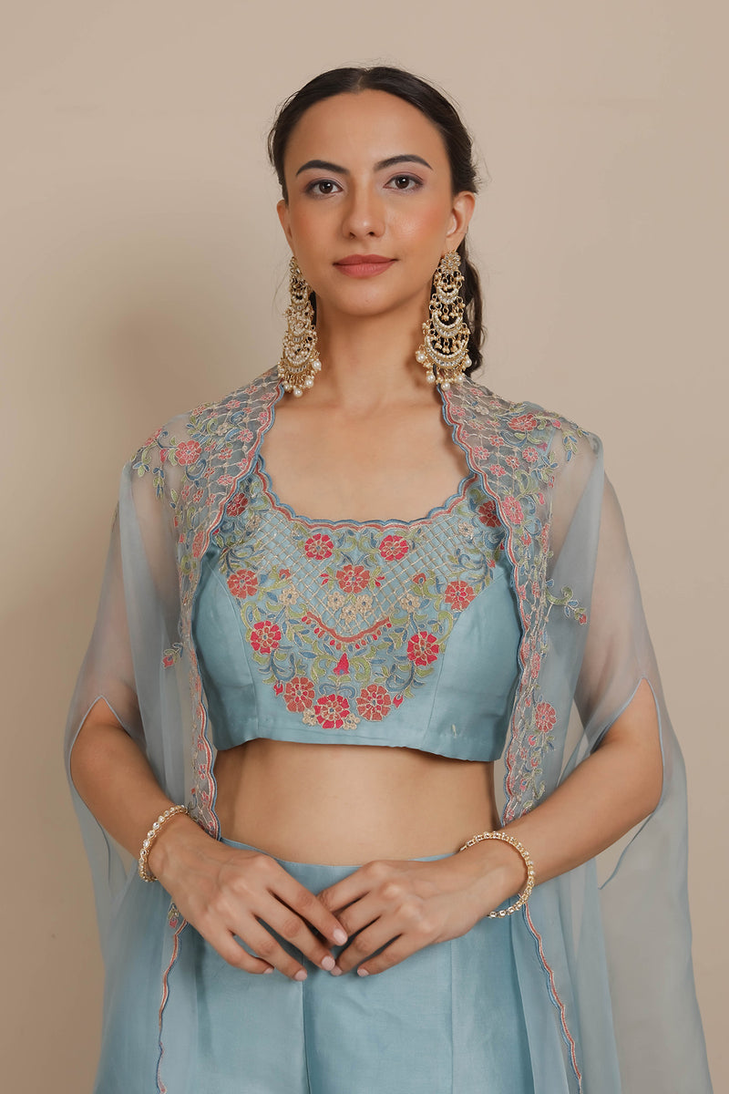 Blue Blouse, Flaired Pants & Cape Set