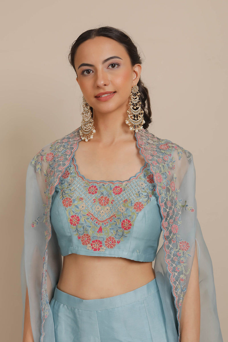 Blue Blouse, Flaired Pants & Cape Set