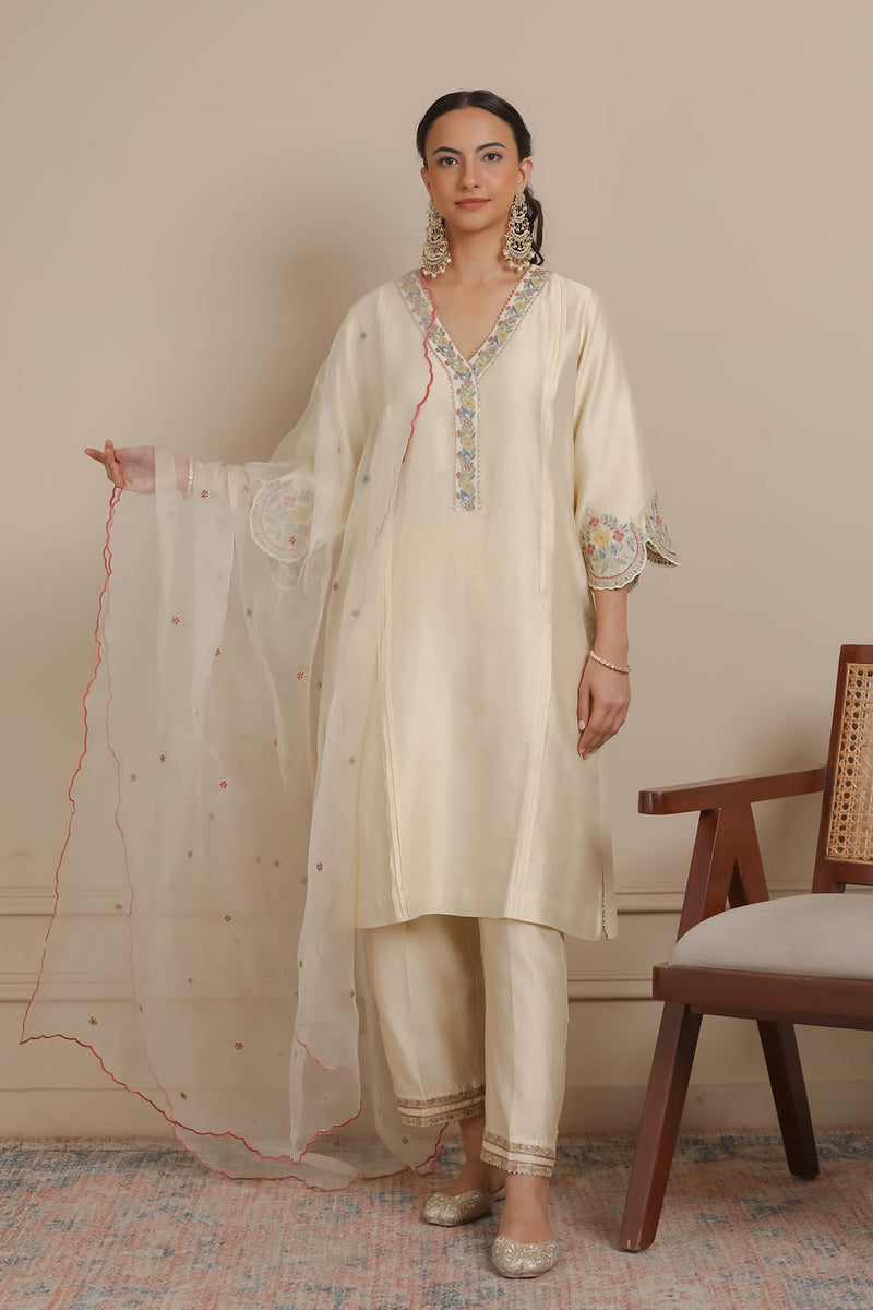Ivory Sleeve Embroidery  Kurta & Pants Set