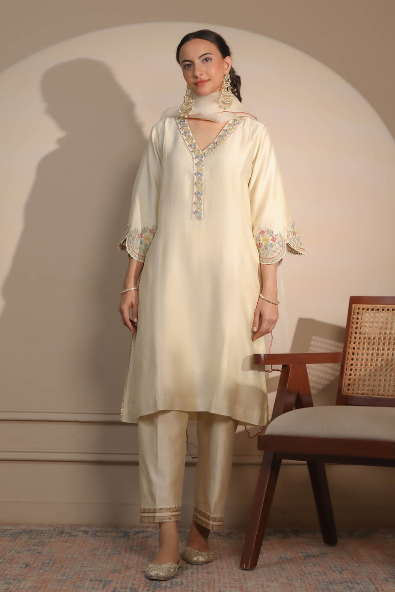 Ivory Sleeve Embroidery  Kurta & Pants Set