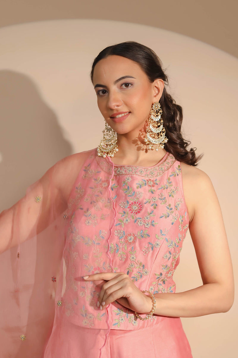 Pink Corset Flaired Pants & Dupatta Set