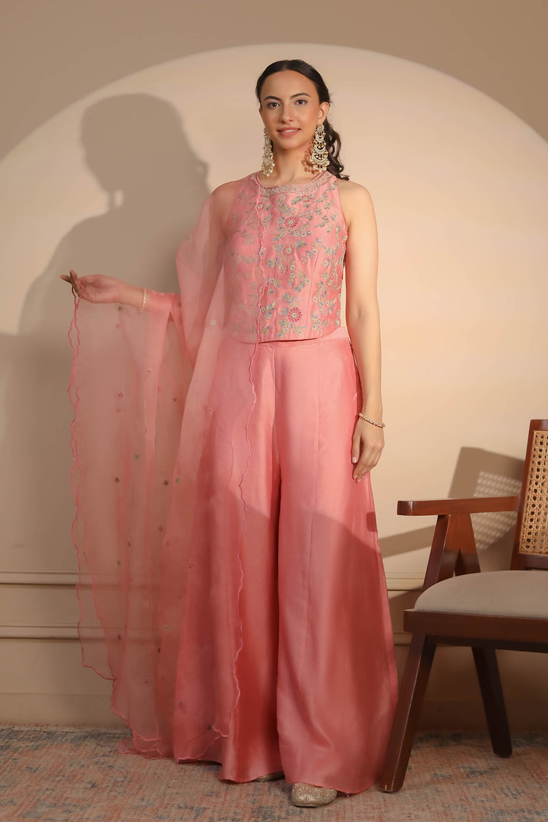 Pink Corset Flaired Pants & Dupatta Set