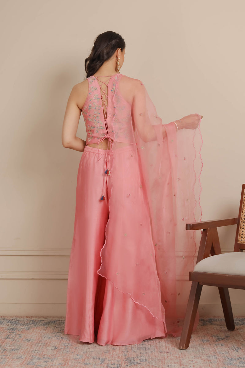 Pink Corset Flaired Pants & Dupatta Set