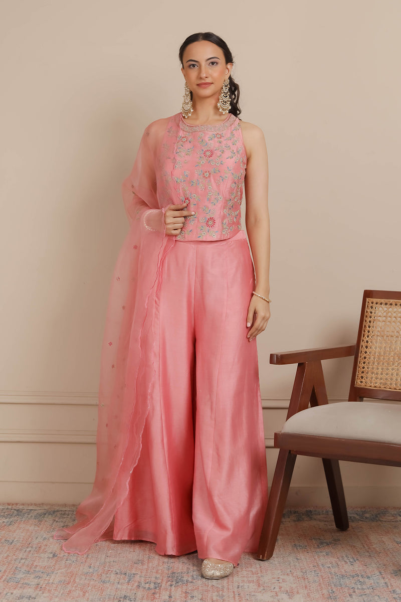 Pink Corset Flaired Pants & Dupatta Set