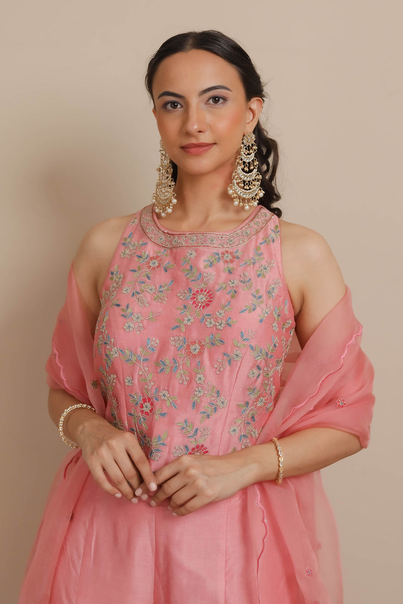 Pink Corset Flaired Pants & Dupatta Set