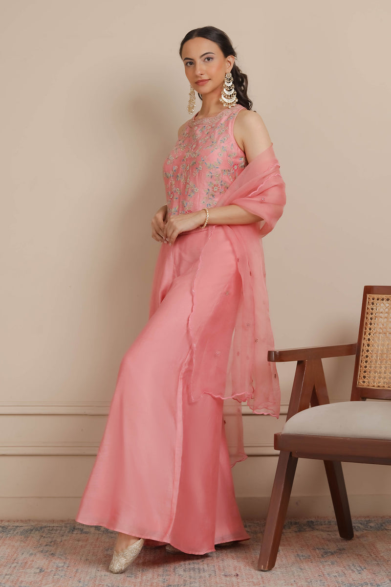 Pink Corset Flaired Pants & Dupatta Set
