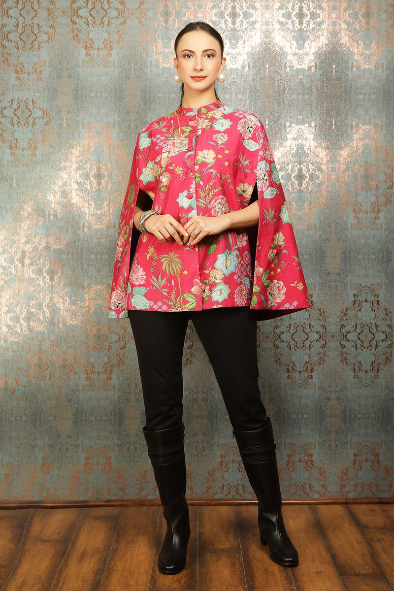 Hot Pink Printed Mirror Work Cape