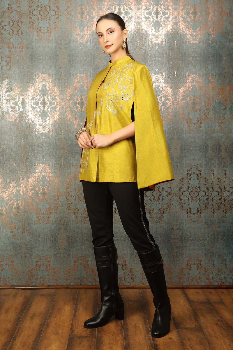 Mustard Green Silk Floral Embroidered Cape