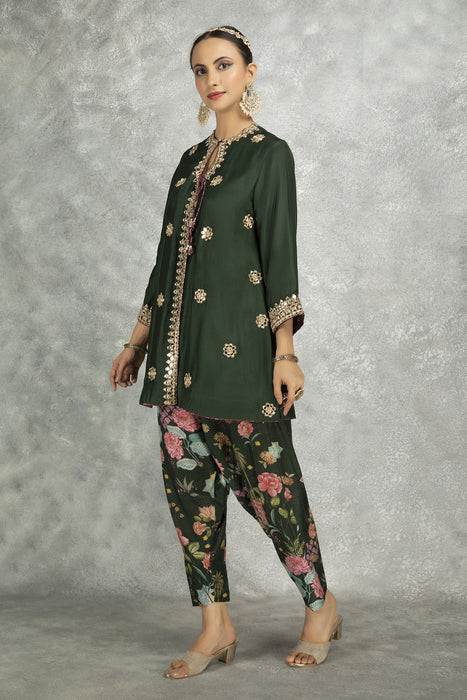 Green Mirror Embroidered  Angrakha with Printed Pants & Dupatta Set of 3