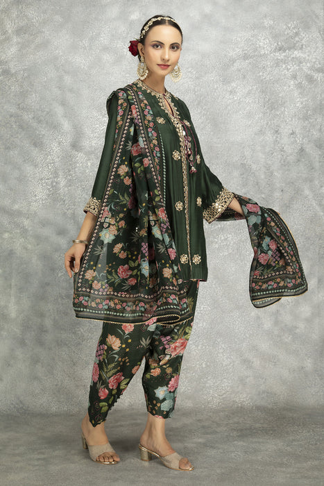 Green Mirror Embroidered  Angrakha with Printed Pants & Dupatta Set of 3