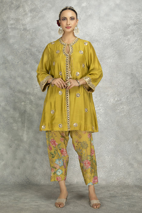 Mustard Green Mirror Embroidered  Angrakha with Printed Pants & Dupatta Set of 3