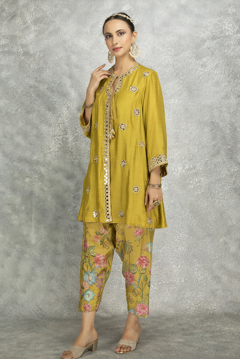 Mustard Green Mirror Embroidered  Angrakha with Printed Pants & Dupatta Set of 3